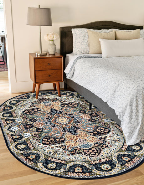 Navy Blue 5' 3 x 8' Narenj Oval Area Rug 85% Polypropylene & 15% Polyester Traditional Classic Carpet for Living, Dining, Bedrooms, Office for Sale at Rug Engine