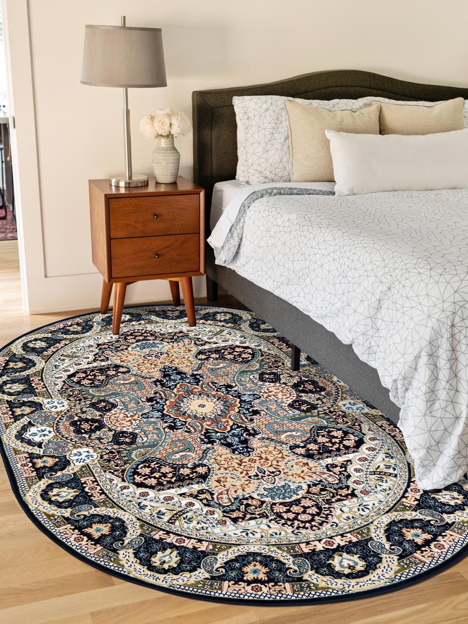 Navy Blue 7' 10 x 10' Narenj Oval Area Rug 85% Polypropylene & 15% Polyester Traditional Classic Carpet for Living, Dining, Bedrooms, Office for Sale at Rug Engine