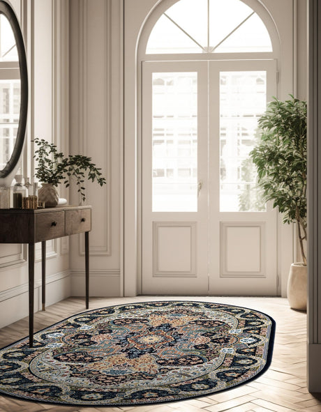 Navy Blue 7' 10 x 10' Narenj Oval Area Rug 85% Polypropylene & 15% Polyester Traditional Classic Carpet for Living, Dining, Bedrooms, Office for Sale at Rug Engine