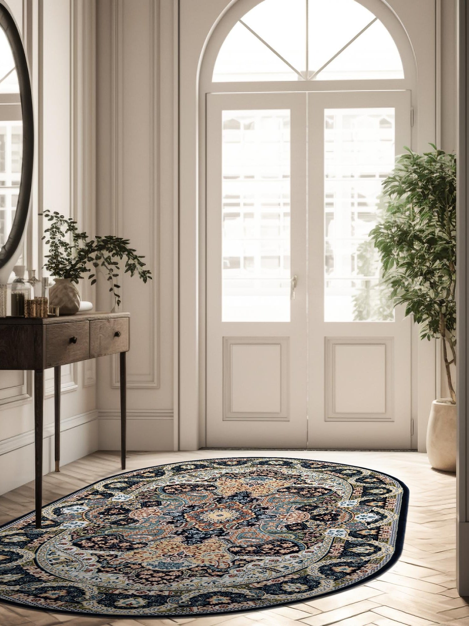 Navy Blue 3' 1 x 5' 3 Narenj Oval Area Rug 85% Polypropylene & 15% Polyester Traditional Classic Carpet for Living, Dining, Bedrooms, Office for Sale at Rug Engine