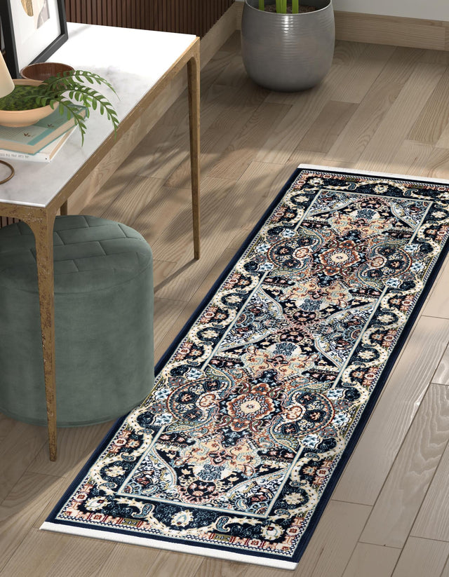 Navy Blue 2' x 8' Narenj Runner Area Rug 85% Polypropylene & 15% Polyester Traditional Classic Carpet for Living, Dining, Bedrooms, Office for Sale at Rug Engine