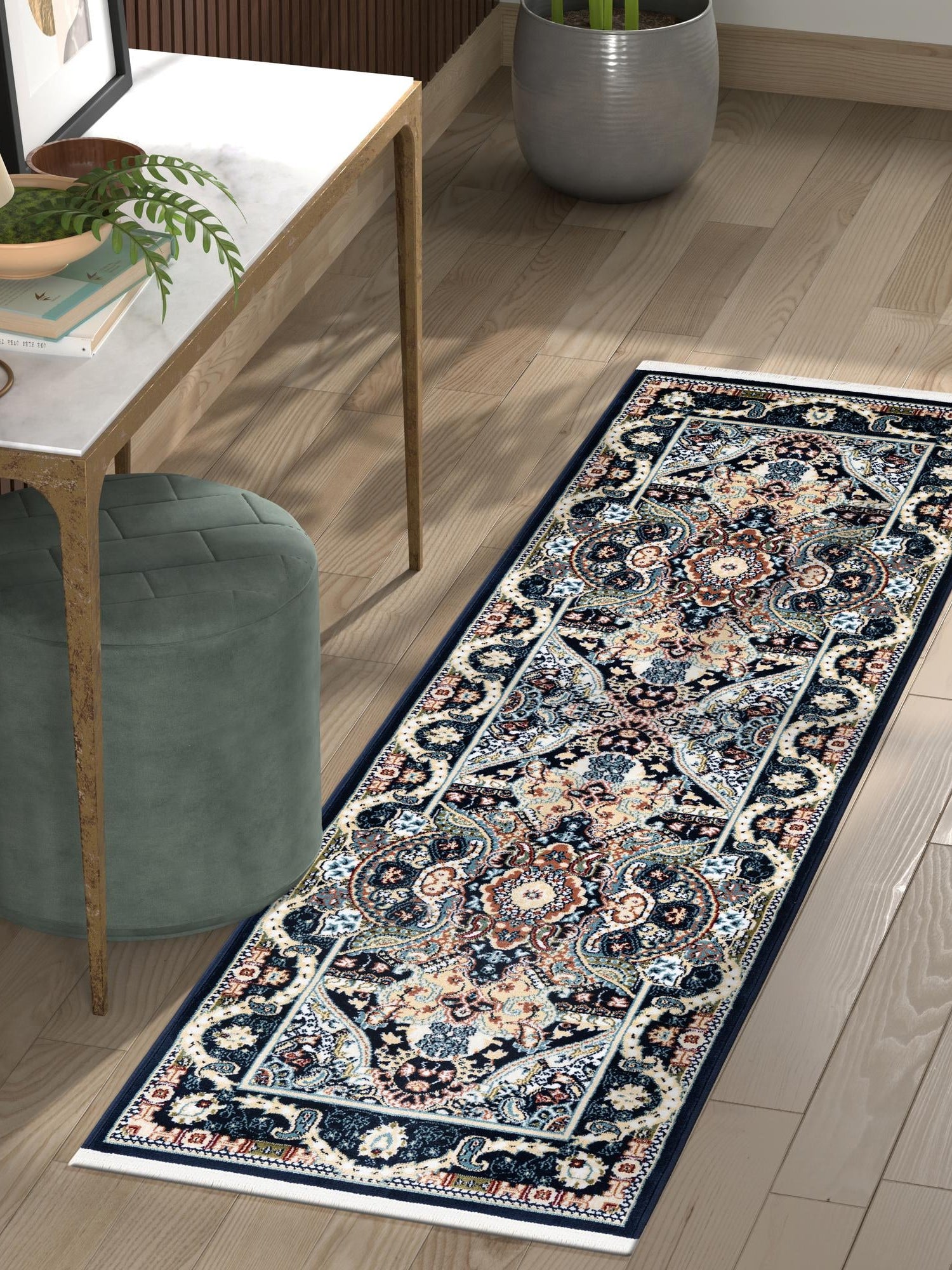 Navy Blue 2' 7 x 10' Narenj Runner Area Rug 85% Polypropylene & 15% Polyester Traditional Classic Carpet for Living, Dining, Bedrooms, Office for Sale at Rug Engine