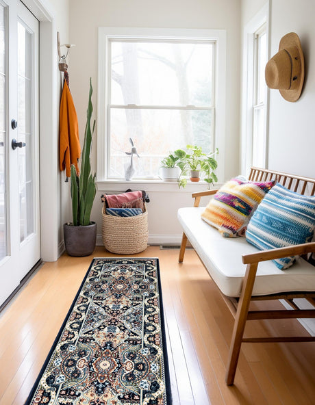 Navy Blue 2' 7 x 10' Narenj Runner Area Rug 85% Polypropylene & 15% Polyester Traditional Classic Carpet for Living, Dining, Bedrooms, Office for Sale at Rug Engine