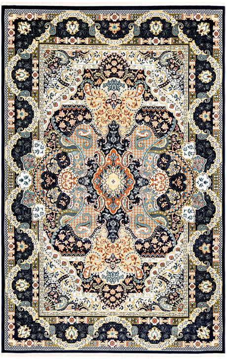 Navy Blue 6' 1 x 9' Narenj Rectangle Area Rug 85% Polypropylene & 15% Polyester Traditional Classic Carpet for Living, Dining, Bedrooms, Office for Sale at Rug Engine