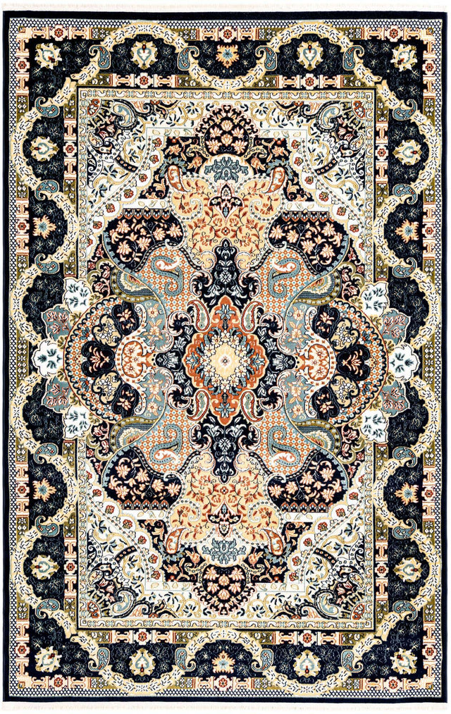 Navy Blue 6' 1 x 9' Narenj Rectangle Area Rug 85% Polypropylene & 15% Polyester Traditional Classic Carpet for Living, Dining, Bedrooms, Office for Sale at Rug Engine