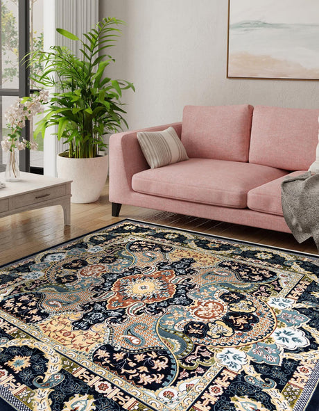 Navy Blue 6' 1 x 6' 1 Narenj Square Area Rug 85% Polypropylene & 15% Polyester Traditional Classic Carpet for Living, Dining, Bedrooms, Office for Sale at Rug Engine