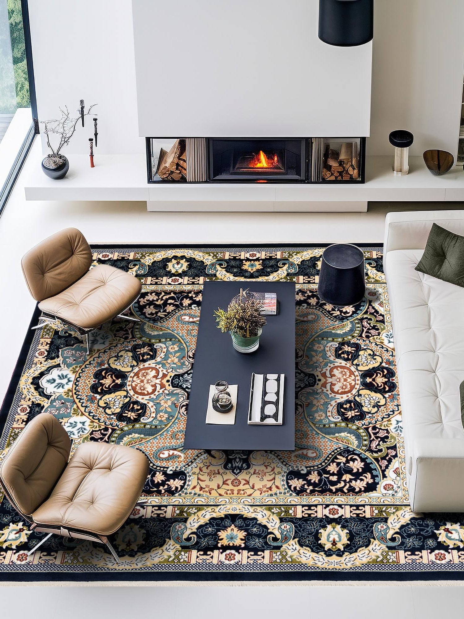 Navy Blue 7' 10 x 7' 10 Narenj Square Area Rug 85% Polypropylene & 15% Polyester Traditional Classic Carpet for Living, Dining, Bedrooms, Office for Sale at Rug Engine