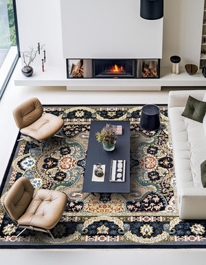 Navy Blue 7' 10 x 7' 10 Narenj Square Area Rug 85% Polypropylene & 15% Polyester Traditional Classic Carpet for Living, Dining, Bedrooms, Office for Sale at Rug Engine