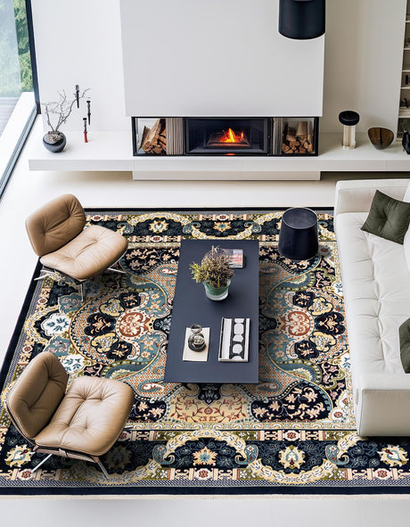 Navy Blue 7' 10 x 7' 10 Narenj Square Area Rug 85% Polypropylene & 15% Polyester Traditional Classic Carpet for Living, Dining, Bedrooms, Office for Sale at Rug Engine