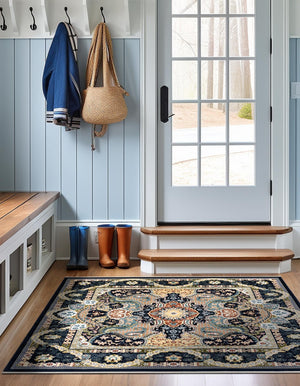 Navy Blue 7' 10 x 7' 10 Narenj Square Area Rug 85% Polypropylene & 15% Polyester Traditional Classic Carpet for Living, Dining, Bedrooms, Office for Sale at Rug Engine