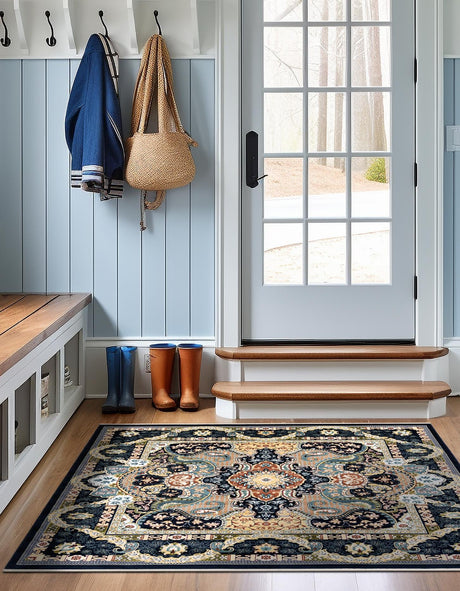 Navy Blue 7' 10 x 7' 10 Narenj Square Area Rug 85% Polypropylene & 15% Polyester Traditional Classic Carpet for Living, Dining, Bedrooms, Office for Sale at Rug Engine