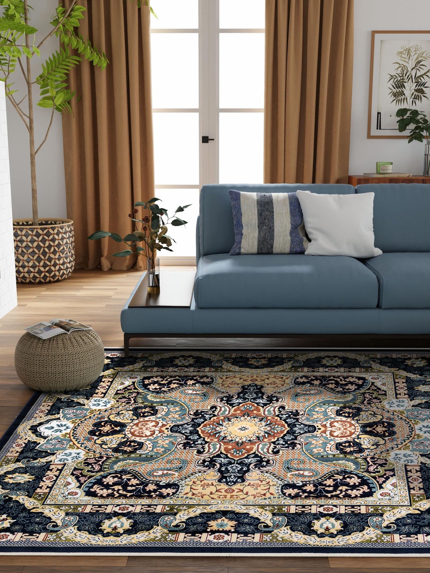 Navy Blue 7' 10 x 7' 10 Narenj Square Area Rug 85% Polypropylene & 15% Polyester Traditional Classic Carpet for Living, Dining, Bedrooms, Office for Sale at Rug Engine