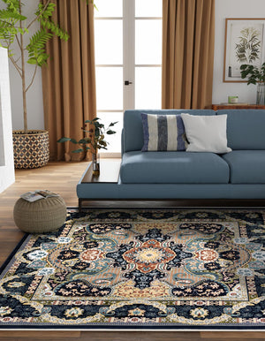 Navy Blue 7' 10 x 7' 10 Narenj Square Area Rug 85% Polypropylene & 15% Polyester Traditional Classic Carpet for Living, Dining, Bedrooms, Office for Sale at Rug Engine