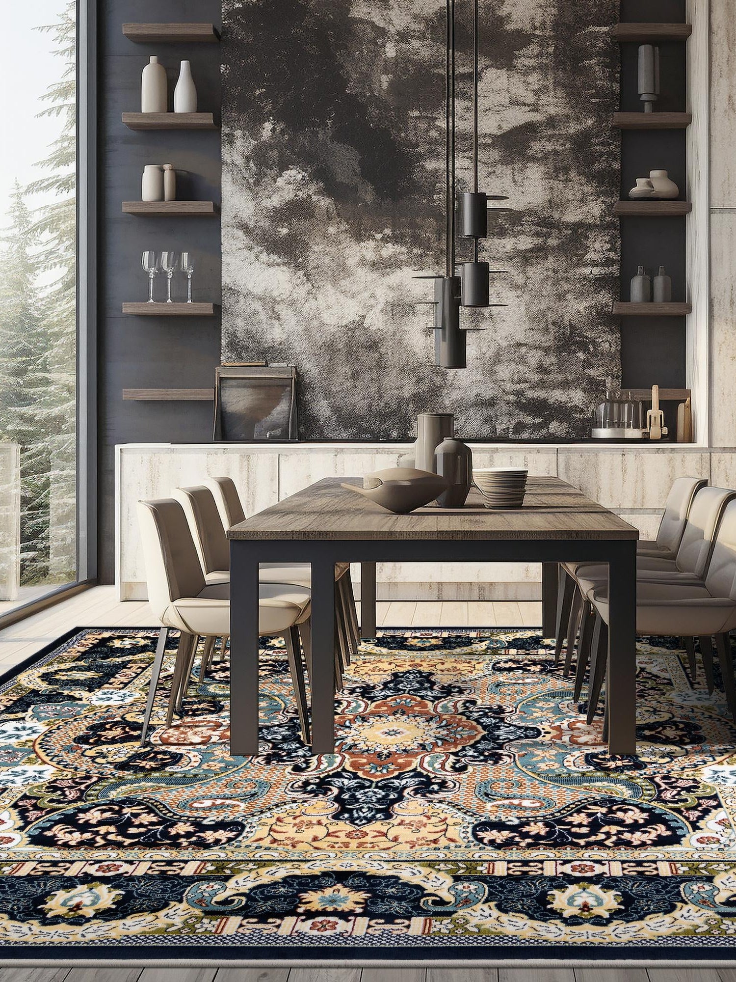 Navy Blue 7' 10 x 7' 10 Narenj Square Area Rug 85% Polypropylene & 15% Polyester Traditional Classic Carpet for Living, Dining, Bedrooms, Office for Sale at Rug Engine
