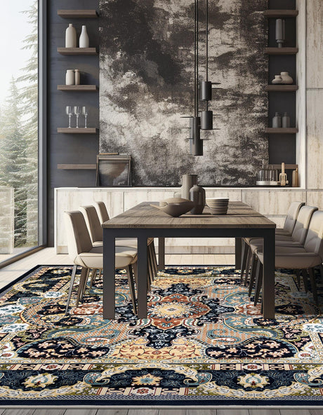 Navy Blue 7' 10 x 7' 10 Narenj Square Area Rug 85% Polypropylene & 15% Polyester Traditional Classic Carpet for Living, Dining, Bedrooms, Office for Sale at Rug Engine