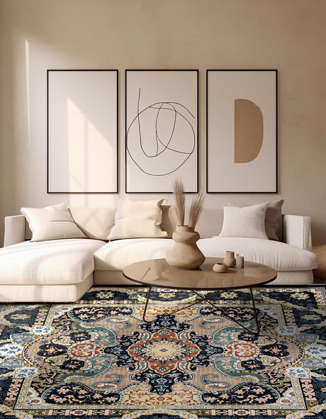 Navy Blue 6' 1 x 6' 1 Narenj Square Area Rug 85% Polypropylene & 15% Polyester Traditional Classic Carpet for Living, Dining, Bedrooms, Office for Sale at Rug Engine