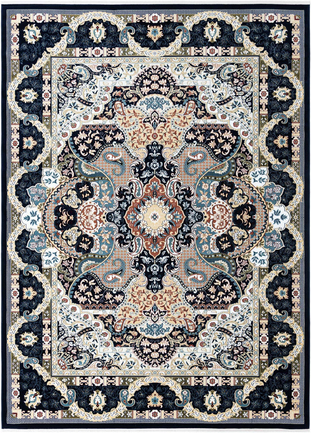 Navy Blue 9' x 12' Narenj Rectangle Area Rug 85% Polypropylene & 15% Polyester Traditional Classic Carpet for Living, Dining, Bedrooms, Office for Sale at Rug Engine