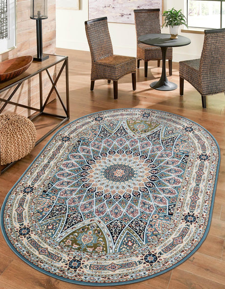 Blue 7' 10 x 10' Narenj Oval Area Rug 85% Polypropylene & 15% Polyester Traditional Classic Carpet for Living, Dining, Bedrooms, Office for Sale at Rug Engine