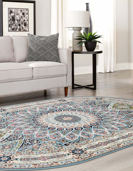 Blue 7' 10 x 10' Narenj Oval Area Rug 85% Polypropylene & 15% Polyester Traditional Classic Carpet for Living, Dining, Bedrooms, Office for Sale at Rug Engine