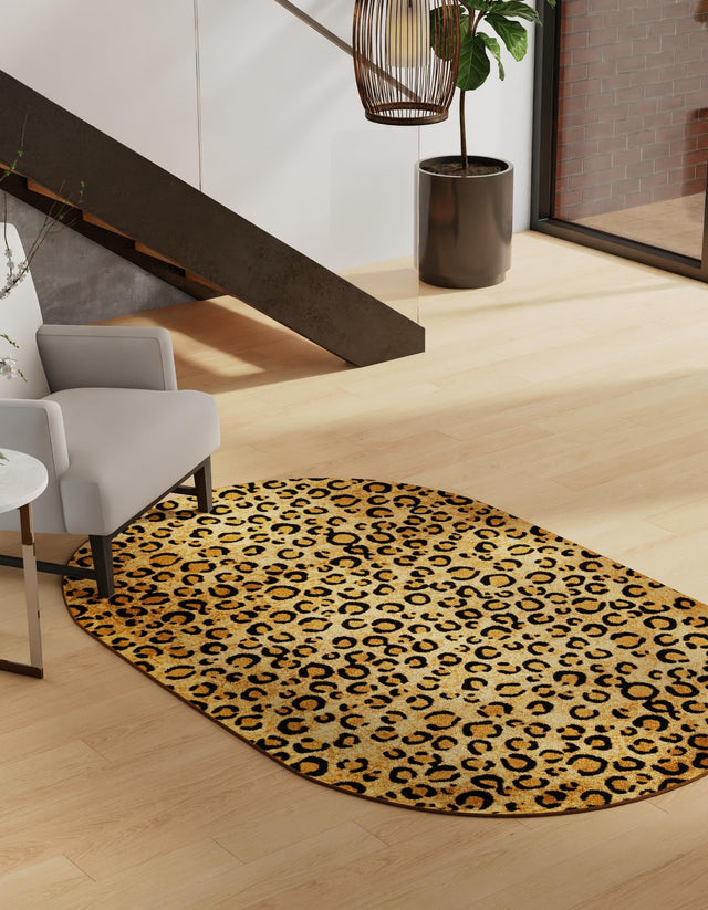 Light Brown 5' 3 x 8' Wildlife Oval Area Rug Animal Print Safari Jungle Inspired Carpet for Unique Modern Interior Design for Sale at Rug Engine