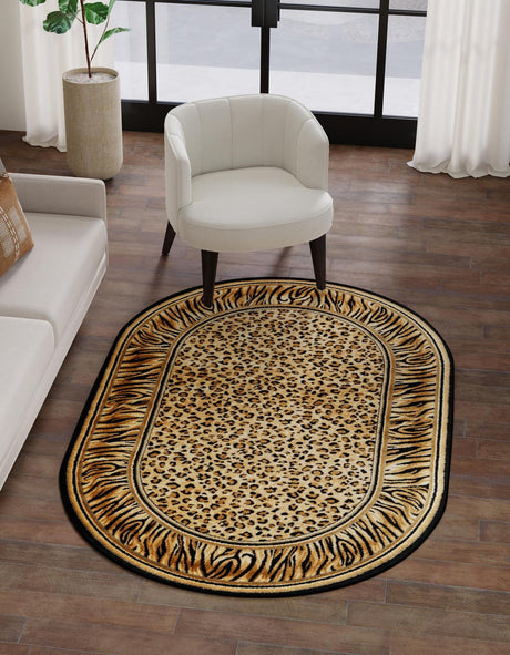 Light Brown 5' 3 x 8' Wildlife Oval Area Rug Animal Print Safari Jungle Inspired Carpet for Unique Modern Interior Design for Sale at Rug Engine