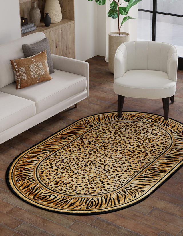 Light Brown 5' 3 x 8' Wildlife Oval Area Rug Animal Print Safari Jungle Inspired Carpet for Unique Modern Interior Design for Sale at Rug Engine