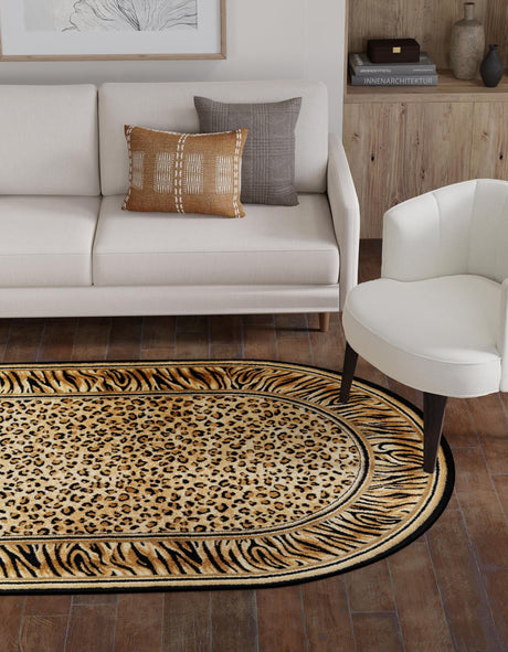 Light Brown 5' 3 x 8' Wildlife Oval Area Rug Animal Print Safari Jungle Inspired Carpet for Unique Modern Interior Design for Sale at Rug Engine