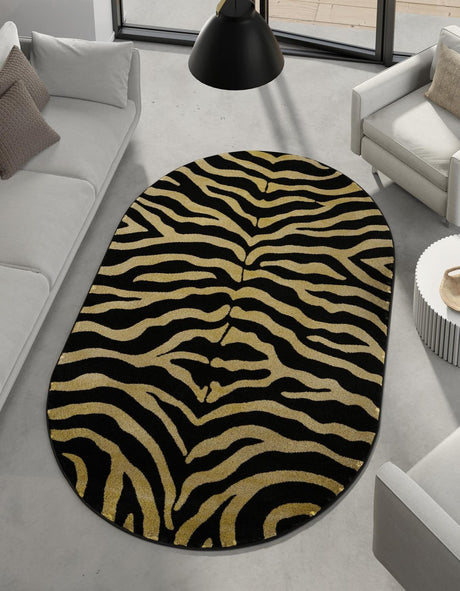 Black 4' 1 x 6' 1 Wildlife Oval Area Rug Animal Print Safari Jungle Inspired Carpet for Unique Modern Interior Design for Sale at Rug Engine