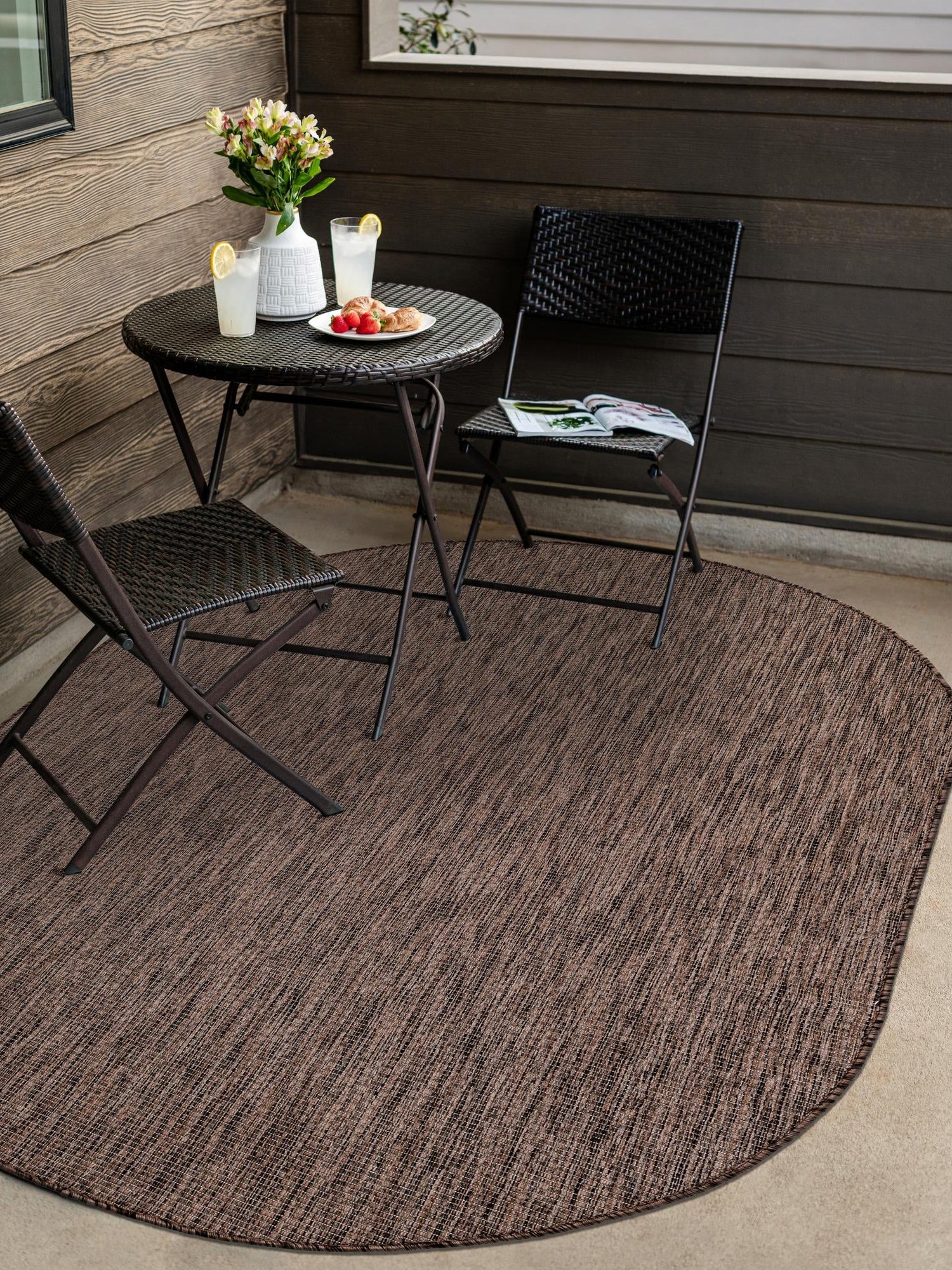 Light Brown 5' 3 x 8' Outdoor Solid Oval Area Rug Weather Resistant for Patio, Deck, Terrace, Balcony, Porch 100% Polypropylene Minimalist Waterproof Carpet for Sale at Rug Engine