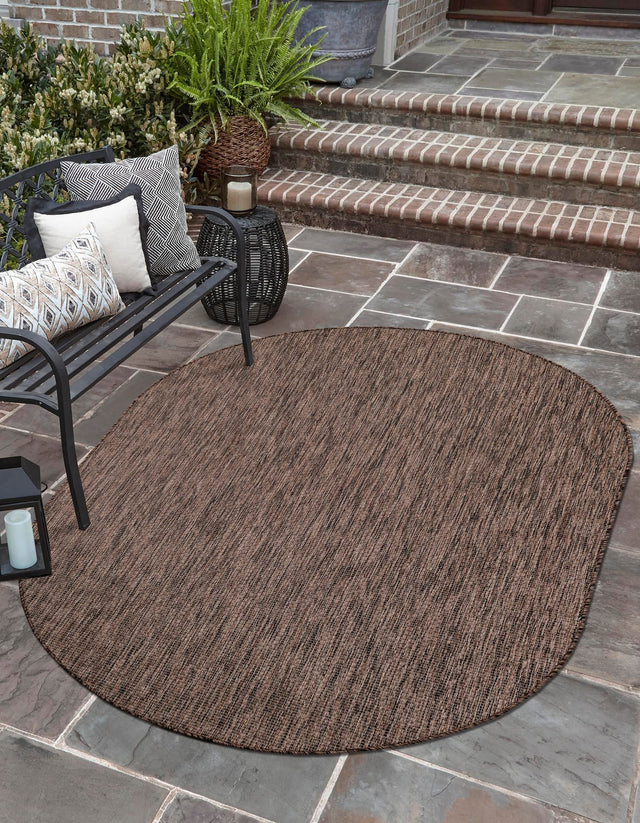 Light Brown 5' 3 x 8' Outdoor Solid Oval Area Rug Weather Resistant for Patio, Deck, Terrace, Balcony, Porch 100% Polypropylene Minimalist Waterproof Carpet for Sale at Rug Engine