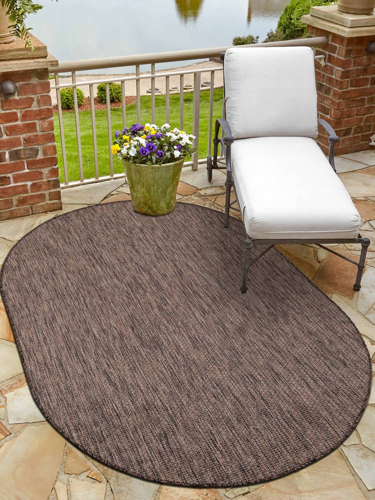 Light Brown 5' 3 x 8' Outdoor Solid Oval Area Rug Weather Resistant for Patio, Deck, Terrace, Balcony, Porch 100% Polypropylene Minimalist Waterproof Carpet for Sale at Rug Engine