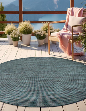 Teal 6' 1 x 6' 1 Outdoor Solid Round Area Rug Weather Resistant for Patio, Deck, Terrace, Balcony, Porch 100% Polypropylene Minimalist Waterproof Carpet for Sale at Rug Engine
