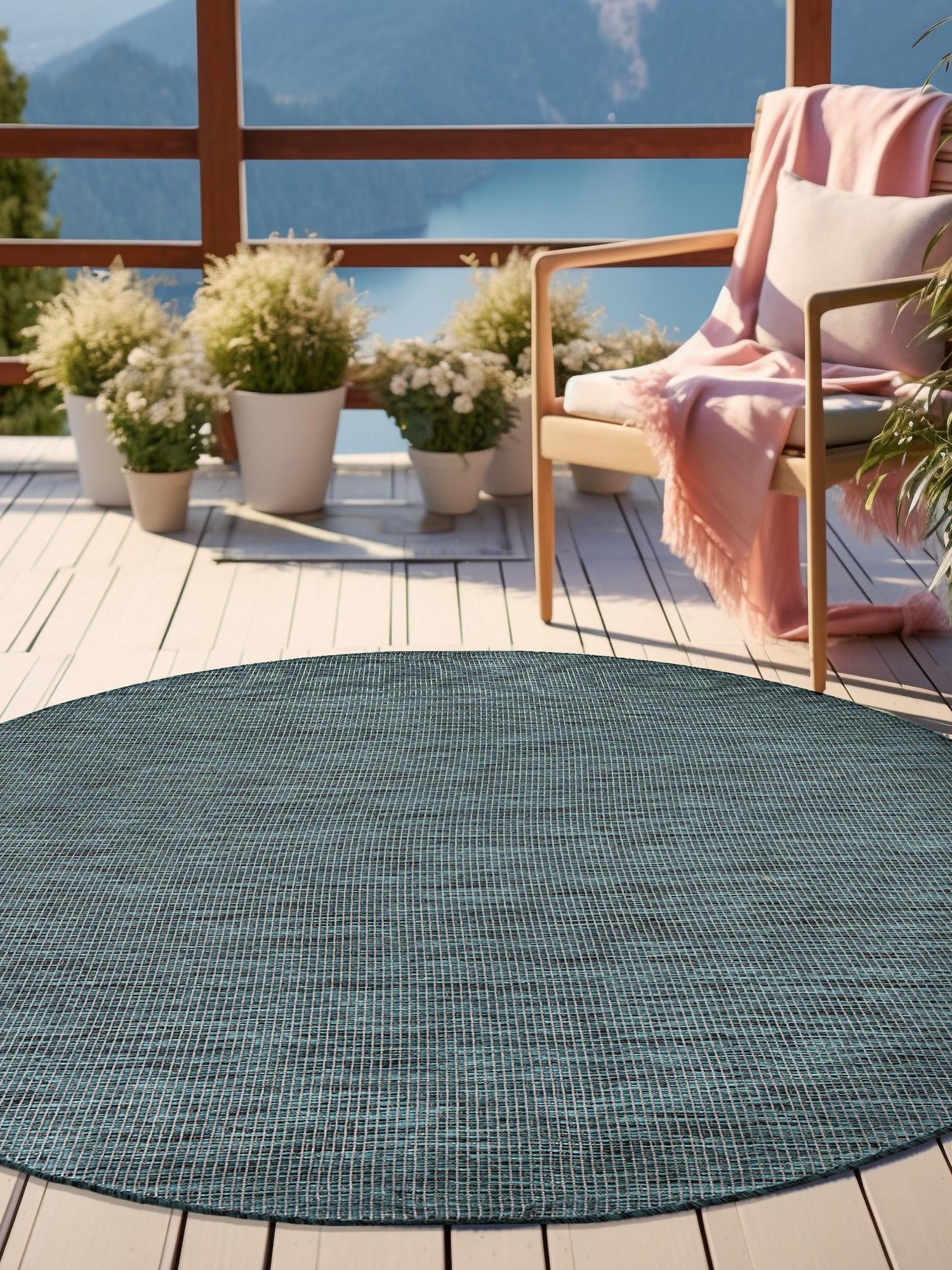 Teal 7' 10 x 7' 10 Outdoor Solid Round Area Rug Weather Resistant for Patio, Deck, Terrace, Balcony, Porch 100% Polypropylene Minimalist Waterproof Carpet for Sale at Rug Engine