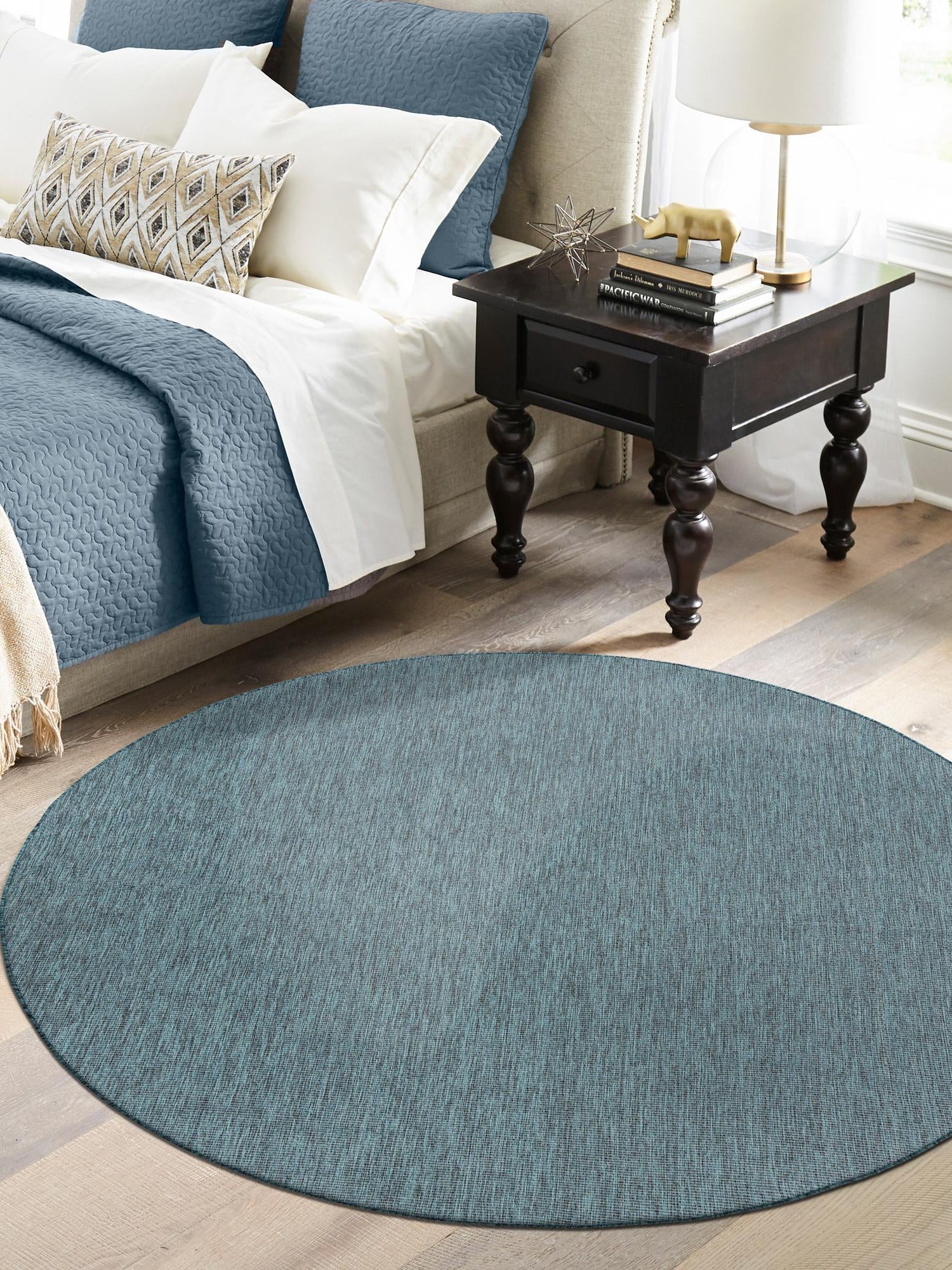 Teal 4' 1 x 4' 1 Outdoor Solid Round Area Rug Weather Resistant for Patio, Deck, Terrace, Balcony, Porch 100% Polypropylene Minimalist Waterproof Carpet for Sale at Rug Engine