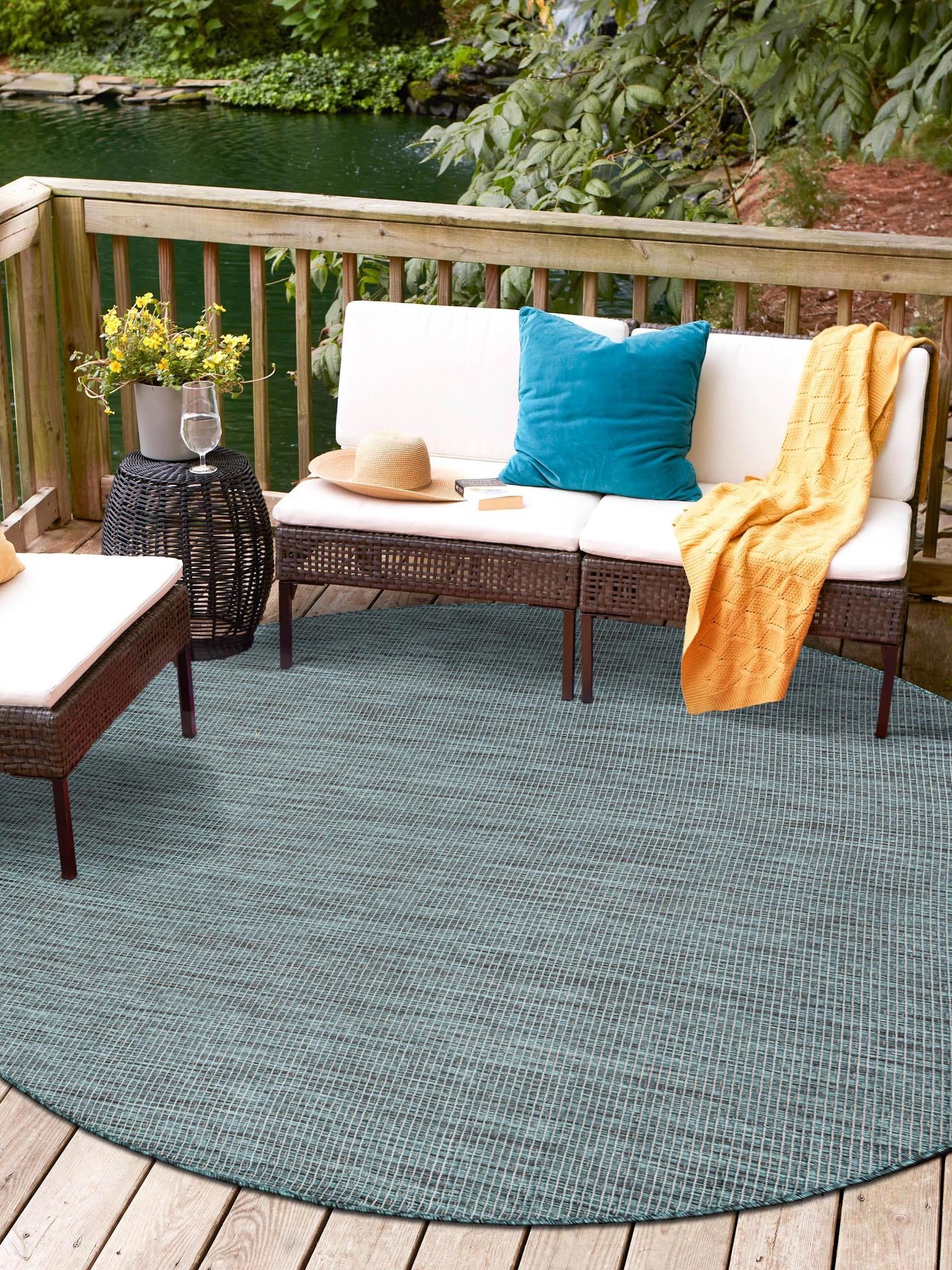 Teal 4' 1 x 4' 1 Outdoor Solid Round Area Rug Weather Resistant for Patio, Deck, Terrace, Balcony, Porch 100% Polypropylene Minimalist Waterproof Carpet for Sale at Rug Engine