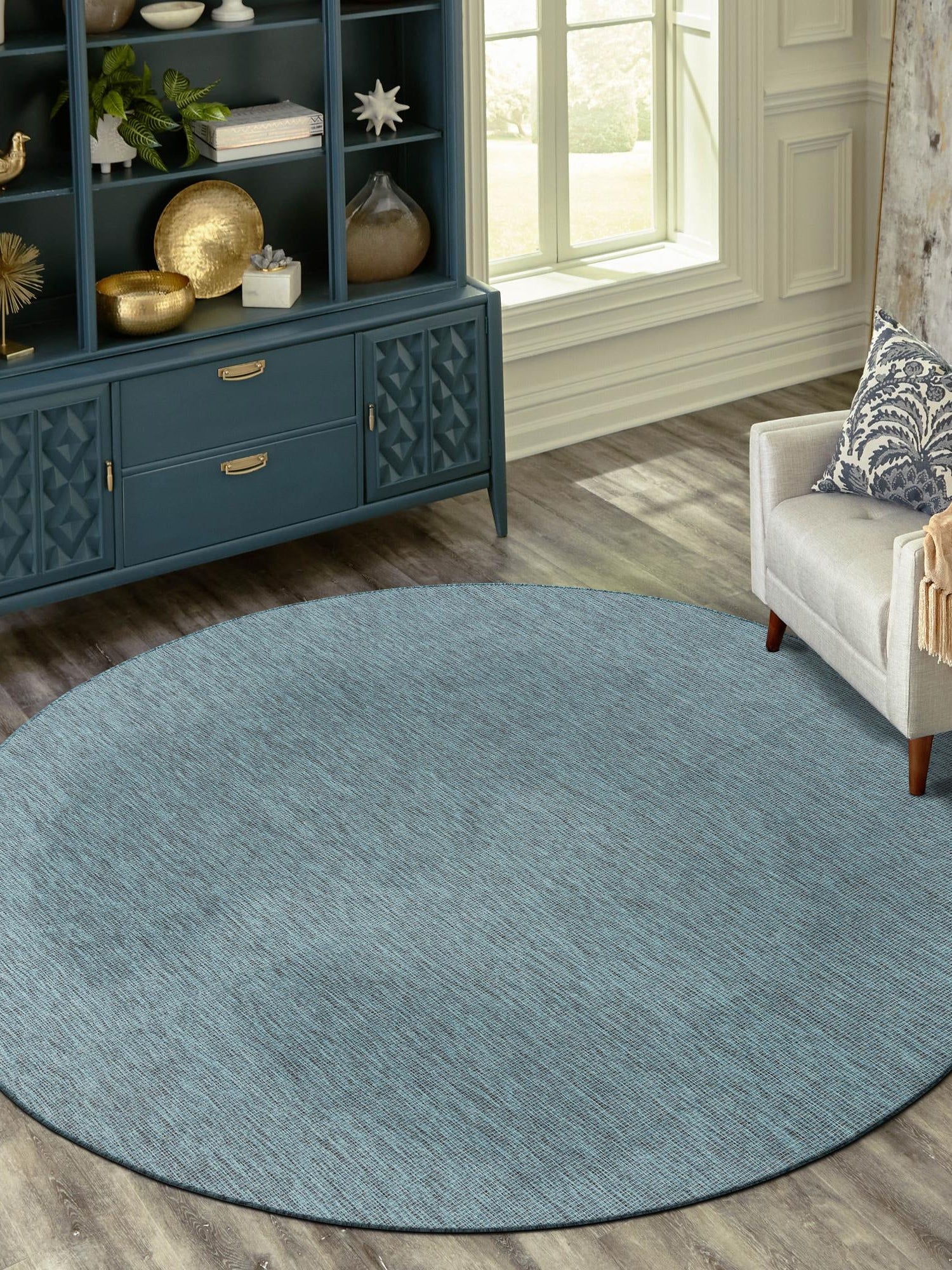 Teal 4' 1 x 4' 1 Outdoor Solid Round Area Rug Weather Resistant for Patio, Deck, Terrace, Balcony, Porch 100% Polypropylene Minimalist Waterproof Carpet for Sale at Rug Engine