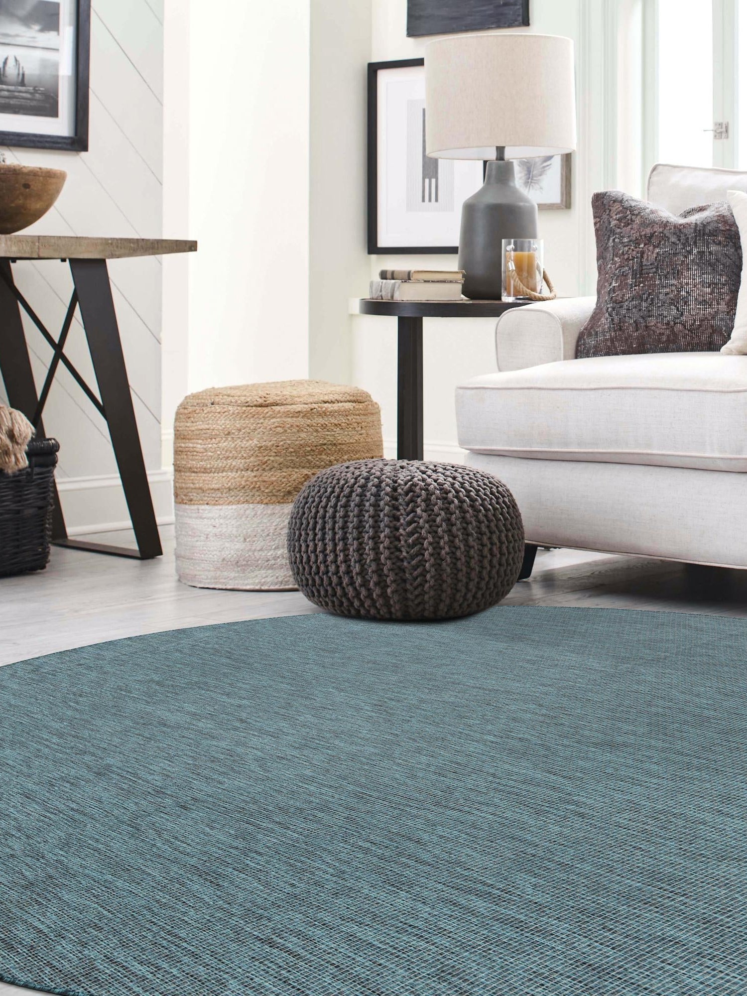 Teal 6' 1 x 6' 1 Outdoor Solid Round Area Rug Weather Resistant for Patio, Deck, Terrace, Balcony, Porch 100% Polypropylene Minimalist Waterproof Carpet for Sale at Rug Engine