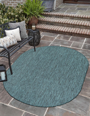 Teal 6' 1 x 9' Outdoor Solid Oval Area Rug Weather Resistant for Patio, Deck, Terrace, Balcony, Porch 100% Polypropylene Minimalist Waterproof Carpet for Sale at Rug Engine