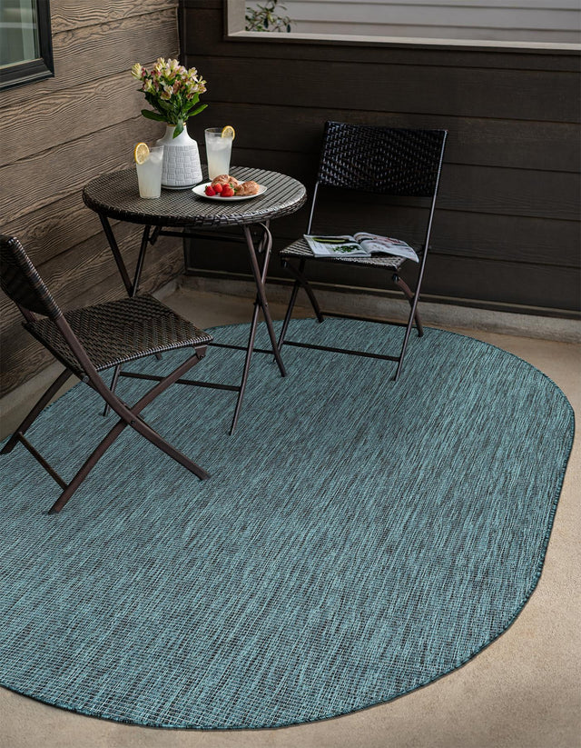 Teal 6' 1 x 9' Outdoor Solid Oval Area Rug Weather Resistant for Patio, Deck, Terrace, Balcony, Porch 100% Polypropylene Minimalist Waterproof Carpet for Sale at Rug Engine