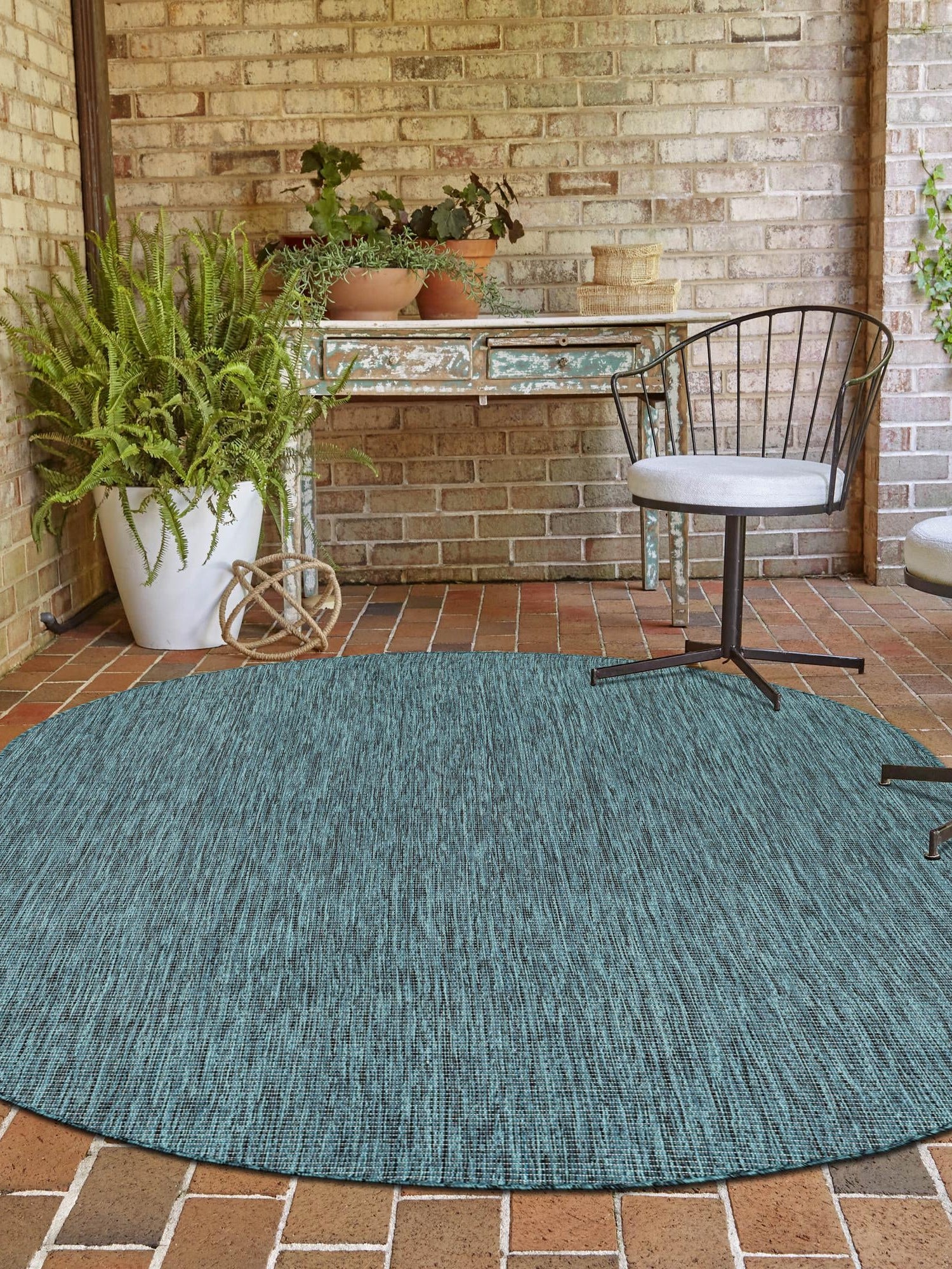 Teal 7' 10 x 10' Outdoor Solid Oval Area Rug Weather Resistant for Patio, Deck, Terrace, Balcony, Porch 100% Polypropylene Minimalist Waterproof Carpet for Sale at Rug Engine
