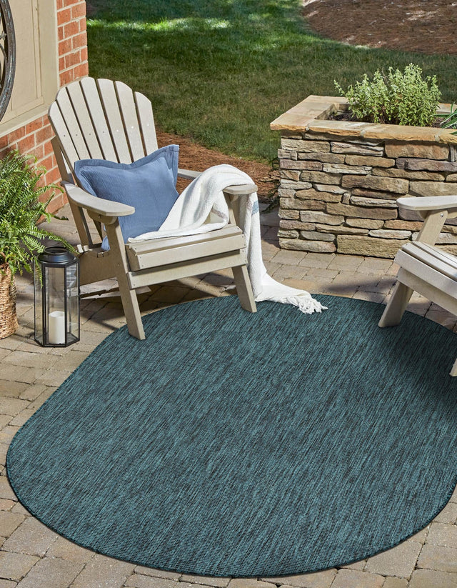 Teal 6' 1 x 9' Outdoor Solid Oval Area Rug Weather Resistant for Patio, Deck, Terrace, Balcony, Porch 100% Polypropylene Minimalist Waterproof Carpet for Sale at Rug Engine