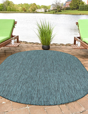 Teal 6' 1 x 9' Outdoor Solid Oval Area Rug Weather Resistant for Patio, Deck, Terrace, Balcony, Porch 100% Polypropylene Minimalist Waterproof Carpet for Sale at Rug Engine