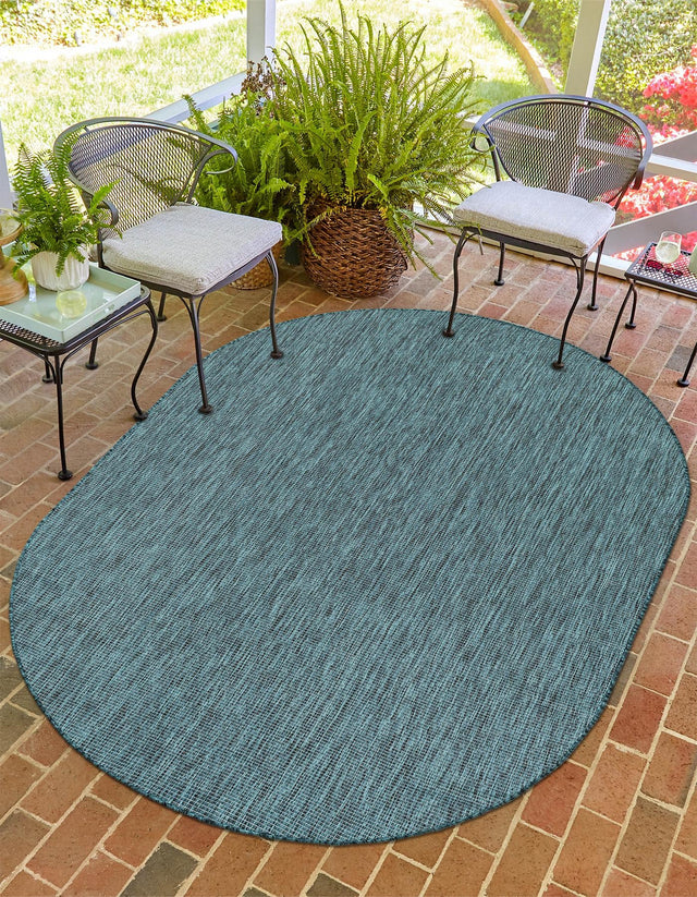 Teal 6' 1 x 9' Outdoor Solid Oval Area Rug Weather Resistant for Patio, Deck, Terrace, Balcony, Porch 100% Polypropylene Minimalist Waterproof Carpet for Sale at Rug Engine