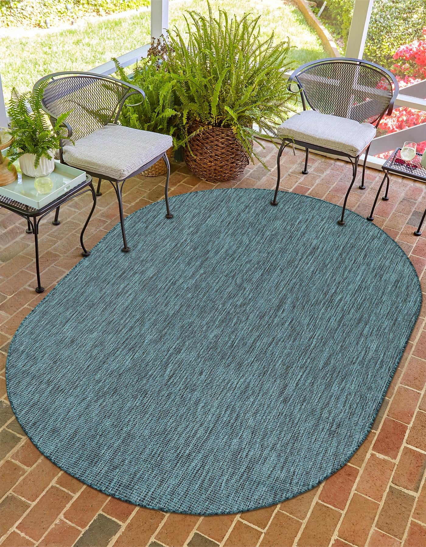 Teal 5' 3 x 8' Outdoor Solid Oval Area Rug Weather Resistant for Patio, Deck, Terrace, Balcony, Porch 100% Polypropylene Minimalist Waterproof Carpet for Sale at Rug Engine