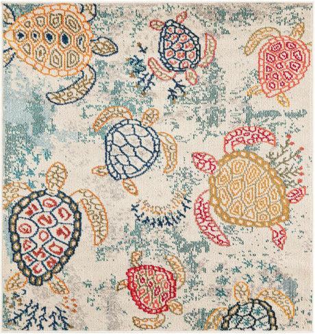 Beige 4' 1 x 4' 1 Positano Square Area Rug Coastal Marine Beach Design Carpet for Modern Living Rooms, Dining, Bedroom, Office for Sale at Rug Engine
