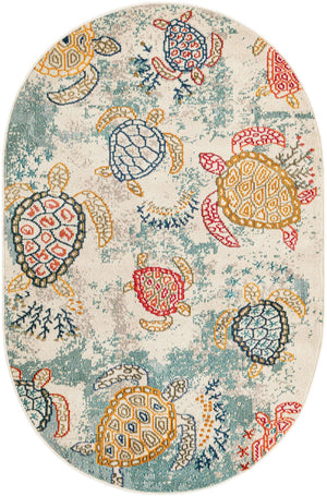 Beige 4' 1 x 6' 1 Positano Oval Area Rug Coastal Marine Beach Design Carpet for Modern Living Rooms, Dining, Bedroom, Office for Sale at Rug Engine
