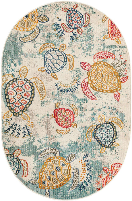 Beige 4' 1 x 6' 1 Positano Oval Area Rug Coastal Marine Beach Design Carpet for Modern Living Rooms, Dining, Bedroom, Office for Sale at Rug Engine