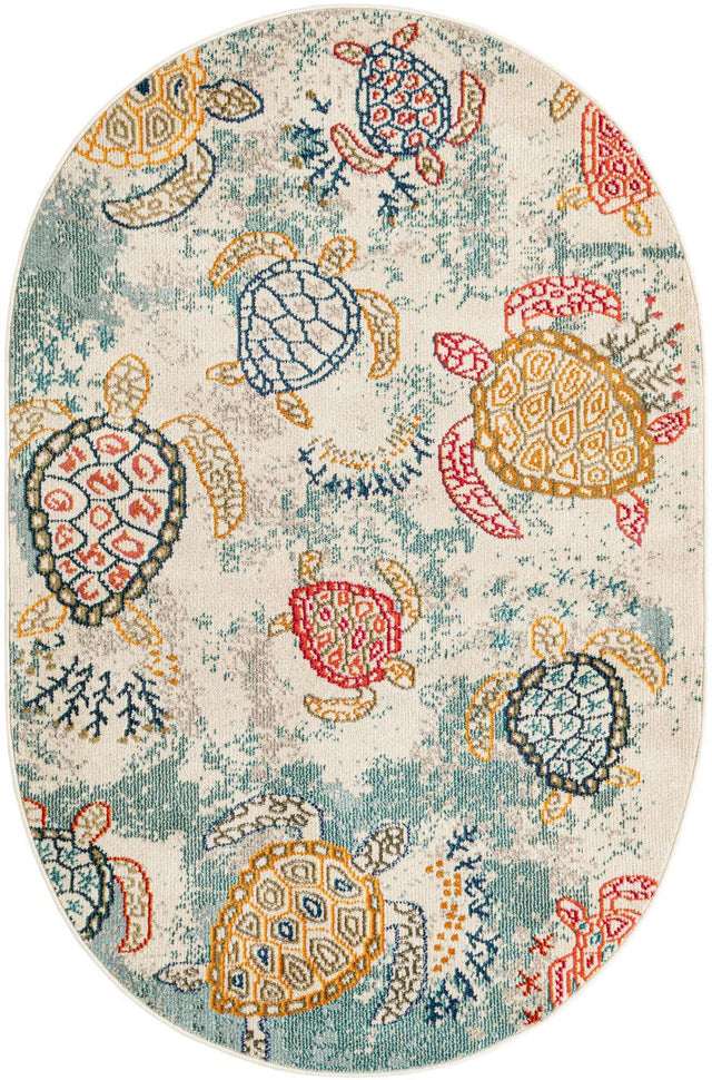 Beige 4' 1 x 6' 1 Positano Oval Area Rug Coastal Marine Beach Design Carpet for Modern Living Rooms, Dining, Bedroom, Office for Sale at Rug Engine