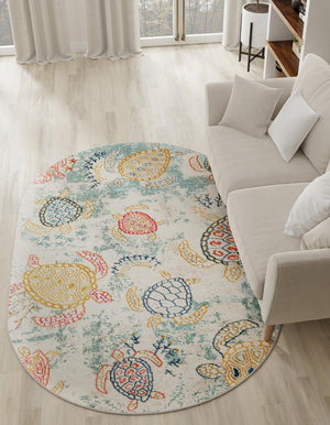 Beige 4' 1 x 6' 1 Positano Oval Area Rug Coastal Marine Beach Design Carpet for Modern Living Rooms, Dining, Bedroom, Office for Sale at Rug Engine