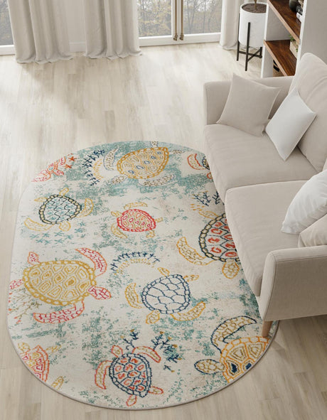 Beige 7' 10 x 10' Positano Oval Area Rug Coastal Marine Beach Design Carpet for Modern Living Rooms, Dining, Bedroom, Office for Sale at Rug Engine